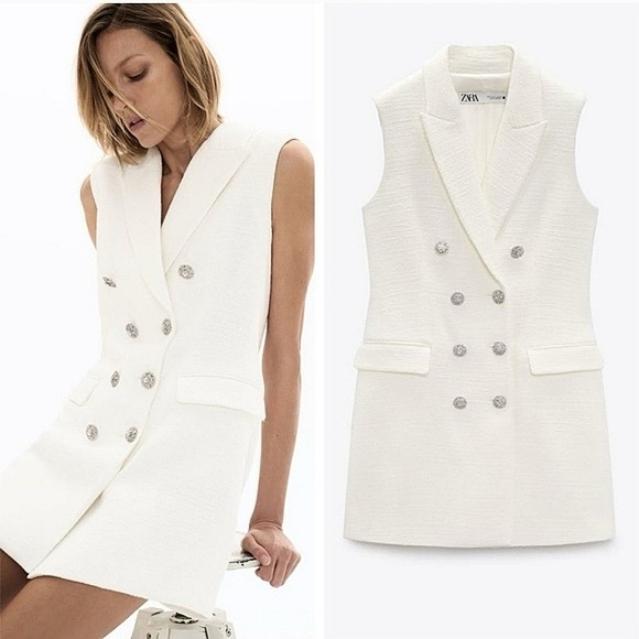 Zara Dresses & Skirts - Zara White Textured Blazer Vest Dress with Rhinestone Button XS NWOT